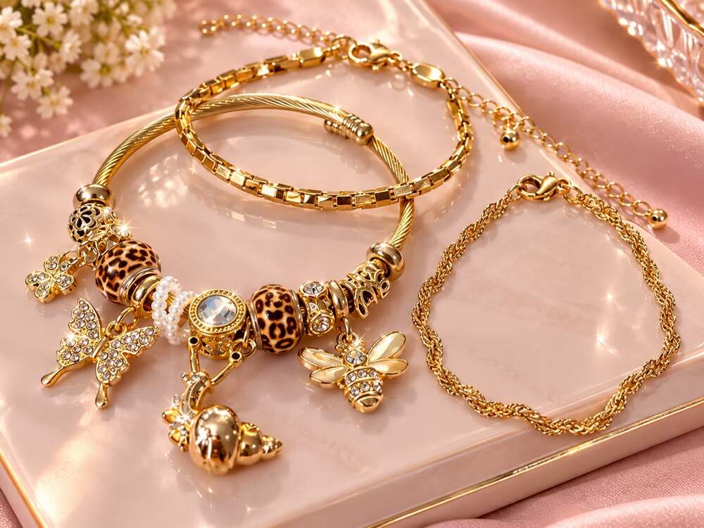 Gold Tone Charm Bracelet Set with Butterfly Bee Leopard Beads and Rhinestones